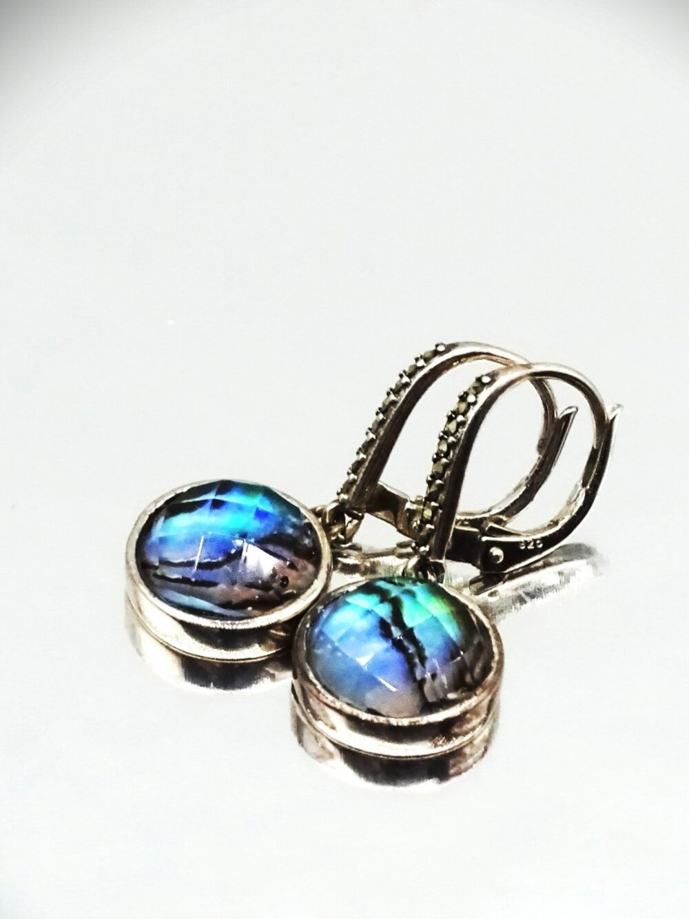 JUDITH JACK Sterling Silver Abalone Shell Doublets & Marcasite Drop Earrings